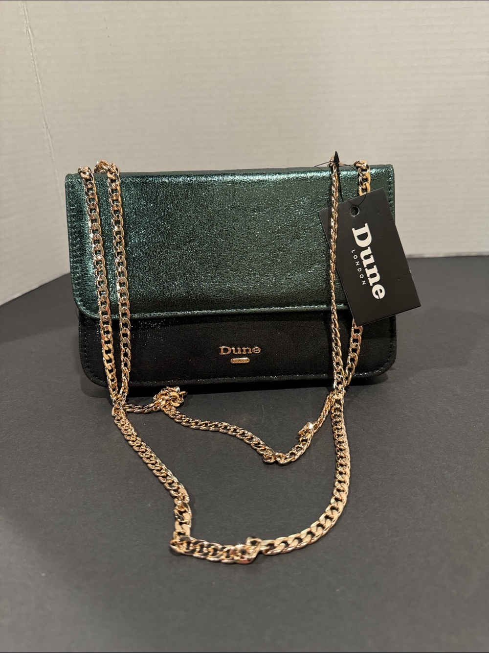 Dune London Emerald Green and Black Metallic clutch with gold chain